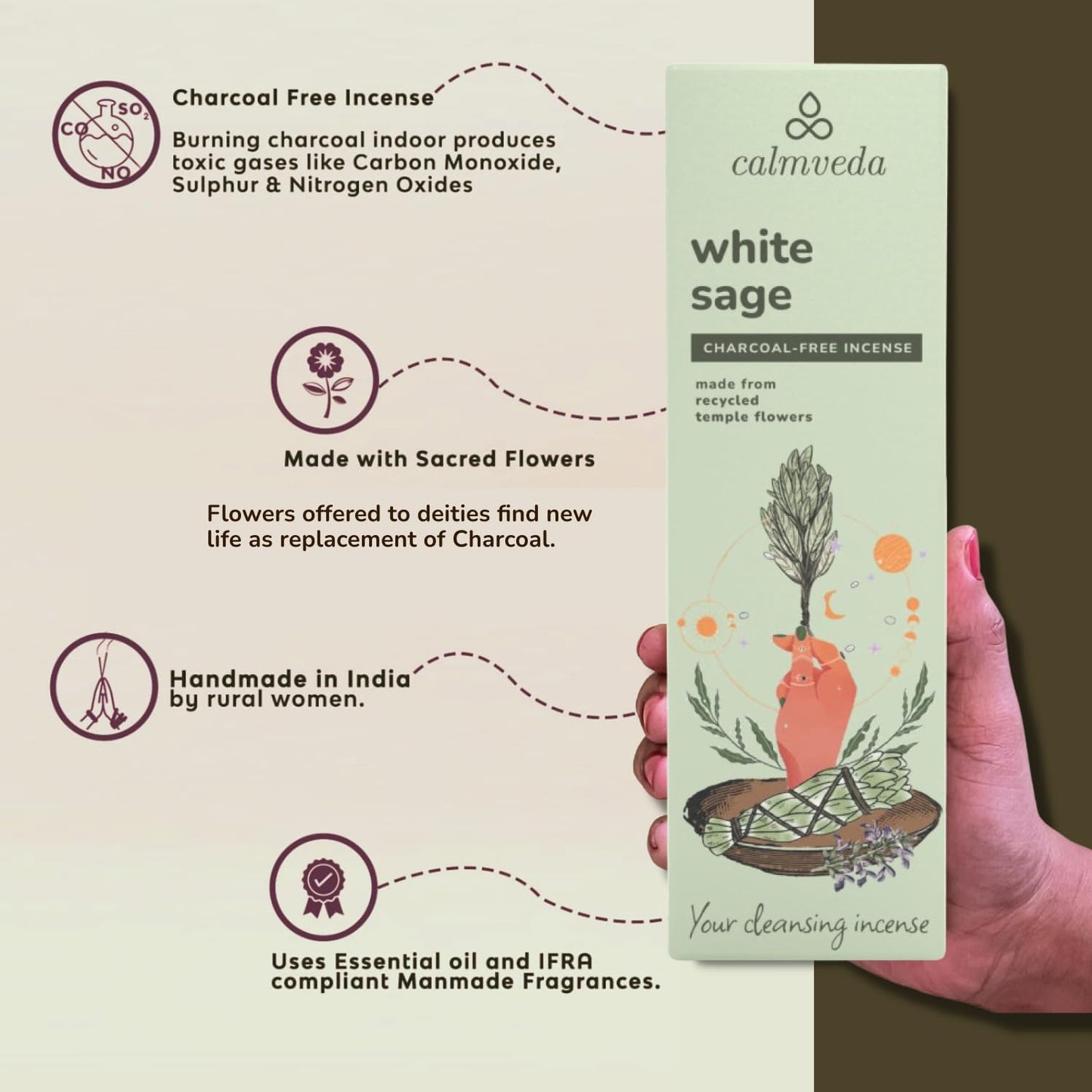 Lot de 80 bâtons d'encens à la sauge blanche pour le nettoyage – Sans charbon de bois, fabriqués à partir de fleurs recyclées | Bâtons d'encens pour nettoyer les énergies négatives | Encens en Baton